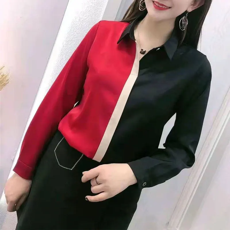 Stylish Contrasting Colors Patchwork Shirt Commute Women\'s Clothing Turn-down Collar Spring Autumn Commute Long Sleeve Blouse