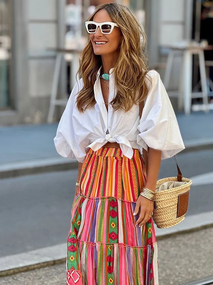 Falda larga con estampado Floral para mujer, falda larga de cintura alta con estampado Floral, estilo bohemio informal para playa y vacaciones, 2024