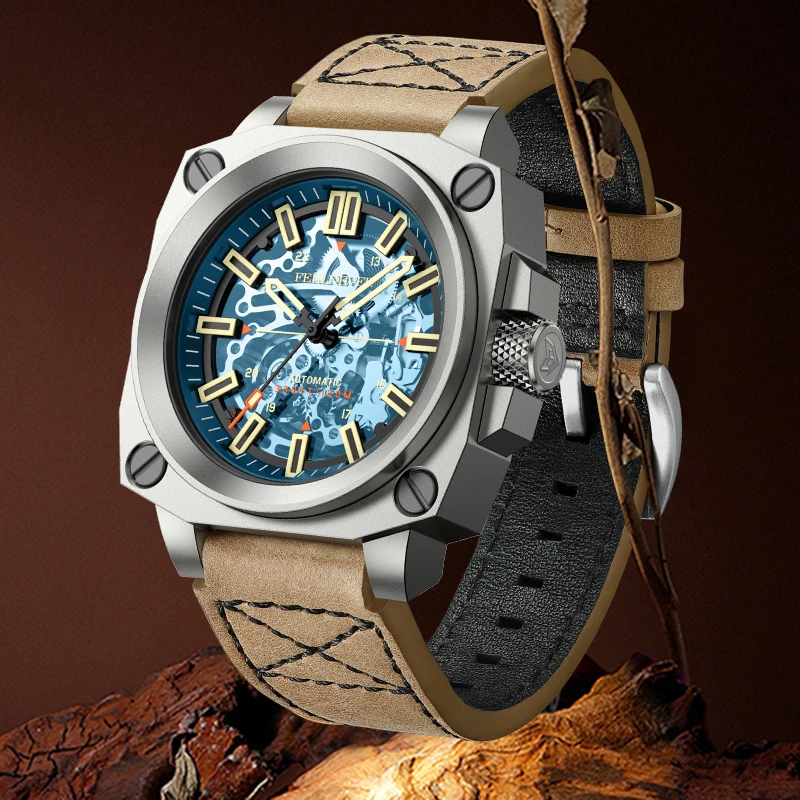 FeelNever, relojes con movimiento automático con diseño de esqueleto creativo para hombres, reloj de pulsera mecánico resistente al agua de Cuero militar de negocios