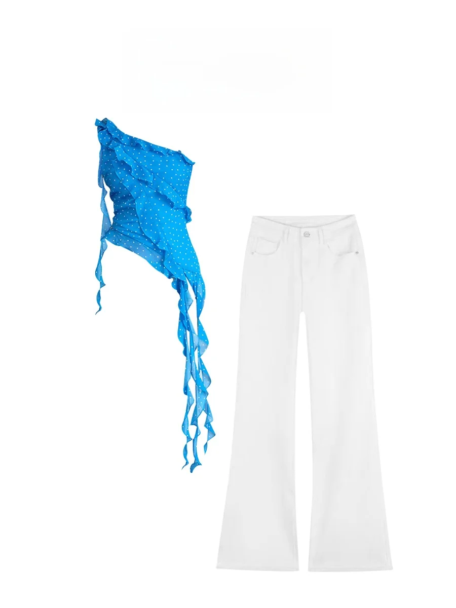 

Parkyeon Blue Lace-Edged Shoulder Bared Casual Set with White Straight Leg Pants Two-Piece Set for Young Women Summer Fashion