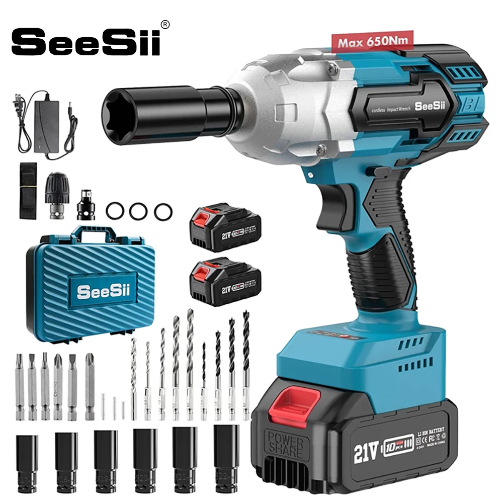 

SEESII 650N.m Impact Wrench Brushless Cordless Electric Wrench kits Power Tools with Socket Drills Screws For Makita 18V Battery