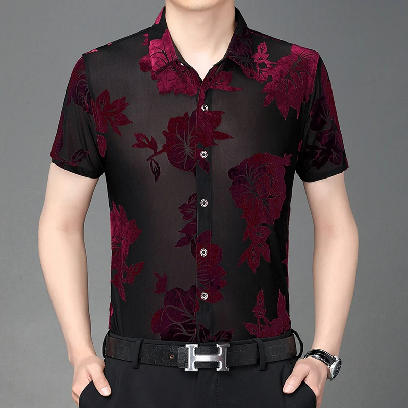 Transparent Shirt for Man 2023 Summer Sexy See Through Clothing Tops Mens Short Sleeve Floral Silk Dress Shirts