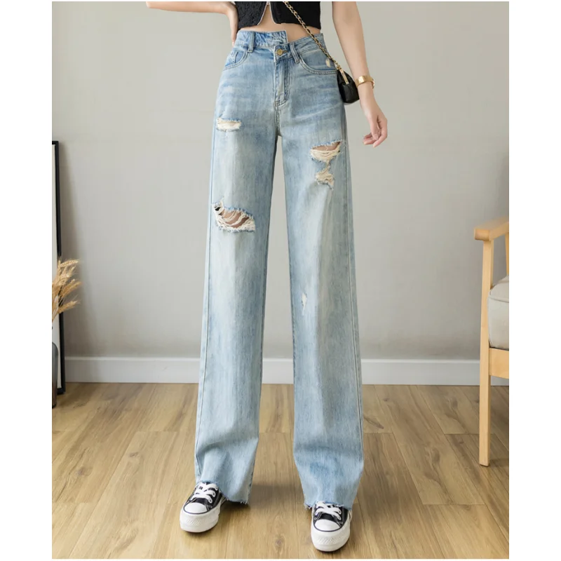 

Women Blue Jeans Worn-out High Waist American Wide Leg Pants Fashion Y2K Style Baggy Vintage Female Autumn Straight Trousers