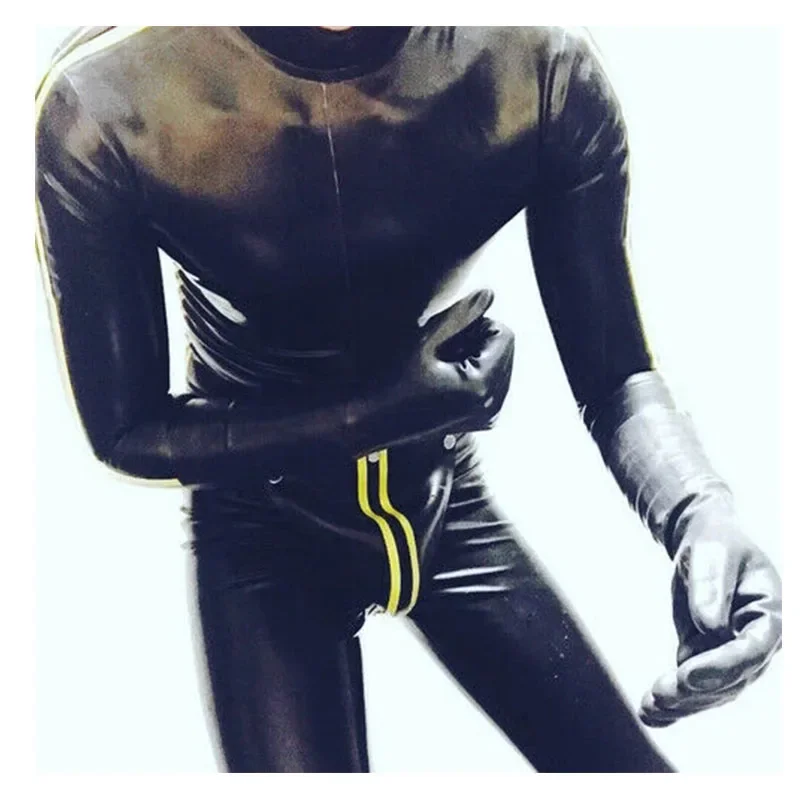 Handmade Gummi 100% Latex Catsuit Rubber  Bodysuit Men Yellow and Black Tights Suit with Back Zipper Size S~XXL