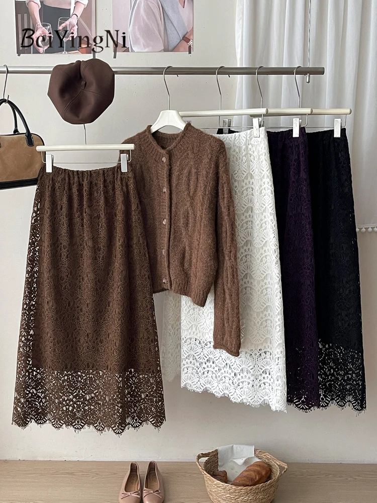

Beiyingni French Elegant Women's Skirt Lace Autumn Winter 2025 A-line Straight Midi Skirts Female Plain Trendy Luxury Faldas