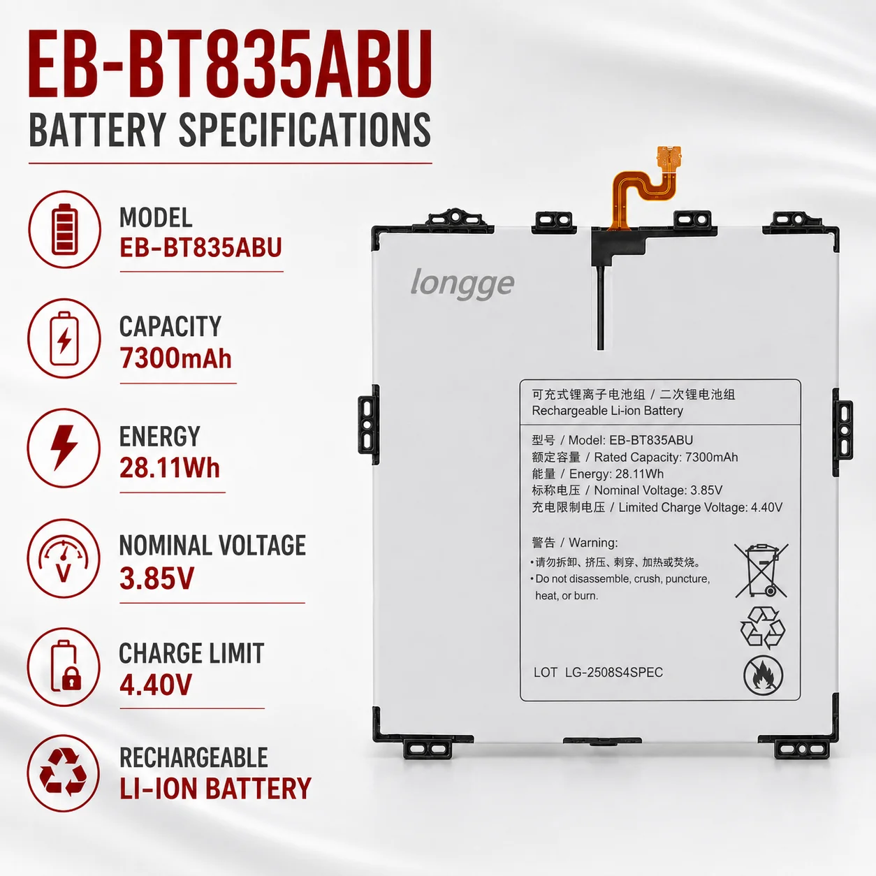New High Capacity EB-BT835ABU 7300mAh Tablet Battery for Samsung Galaxy Tab S4 10.5 SM-T830 T830 SM-T835 T835 Repair Cell