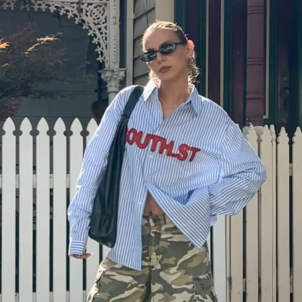 

Loose Fit Striped Letter Print Long Sleeve Shirt Large Size Casual Style Commute Fashion Top Polyester Material Modern Style