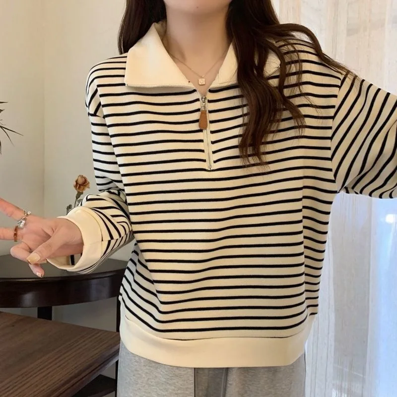 

Women's Loose Half Zip Long Sleeve Knitted Top Shoulder Width Regular Cotton Cashmere American Stripe Polo Neck Sweatshirt