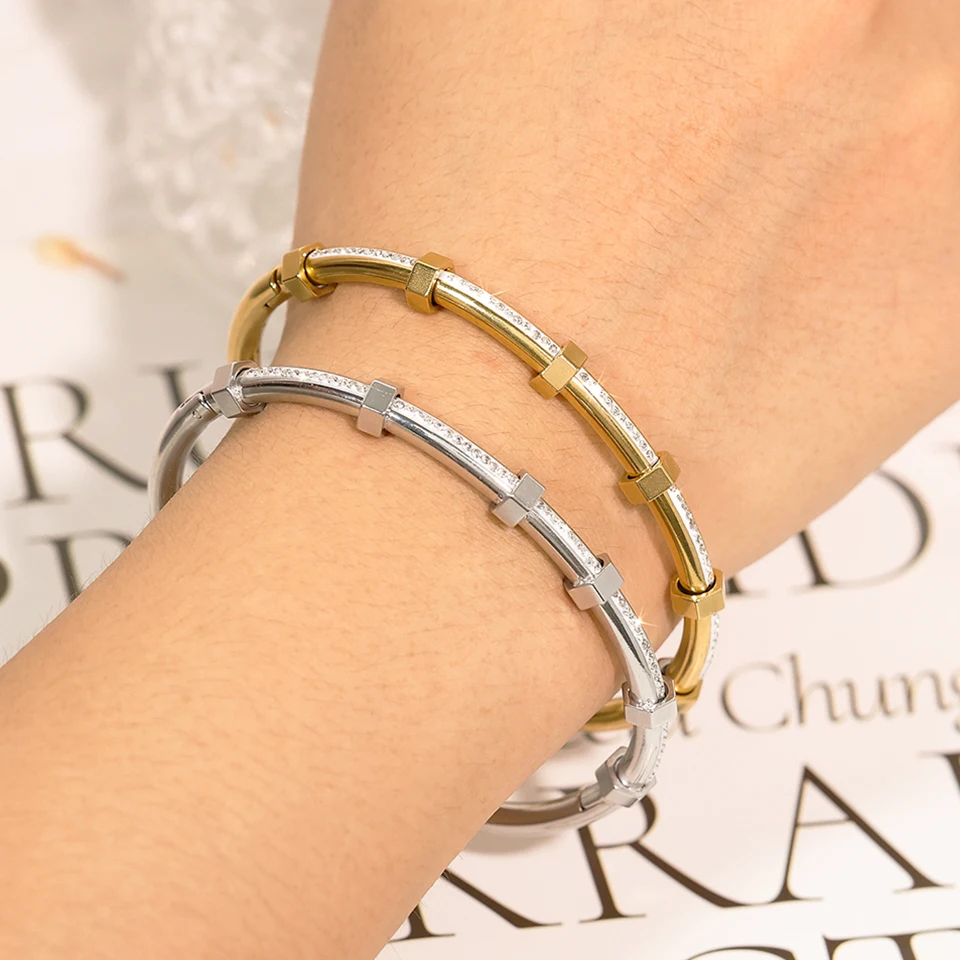 Yupsk Classic Waterproof Titanium Steel Bracelet Shiny Crystal Nail Bangle White Gold Color Trendy Jewelry Gift for Women image 3