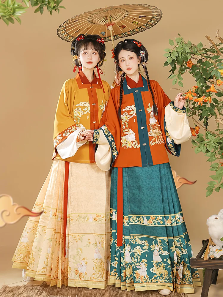 2024 Autumn Women Hanfu Dress Rabbit Chinese Style Traditional Square Collar Top Embroidery Princess Dresse Horse Face Skirt