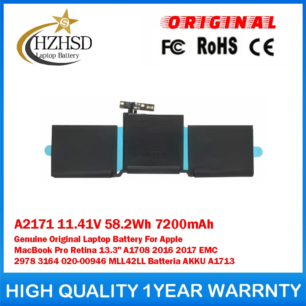 

A2171 11.41V 58.2Wh 7200mAh Genuine Original Laptop Battery For Apple MacBook Pro Retina 13.3'' A1708 2016 2017 EMC 3164 MLL42LL