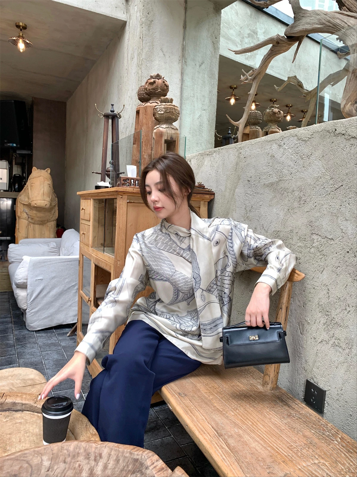 

Syeee Retro Print Sa Long Sve Women's irt Unique Design Sensation Autumn New Drop Waist Sle Commute Faion Simple