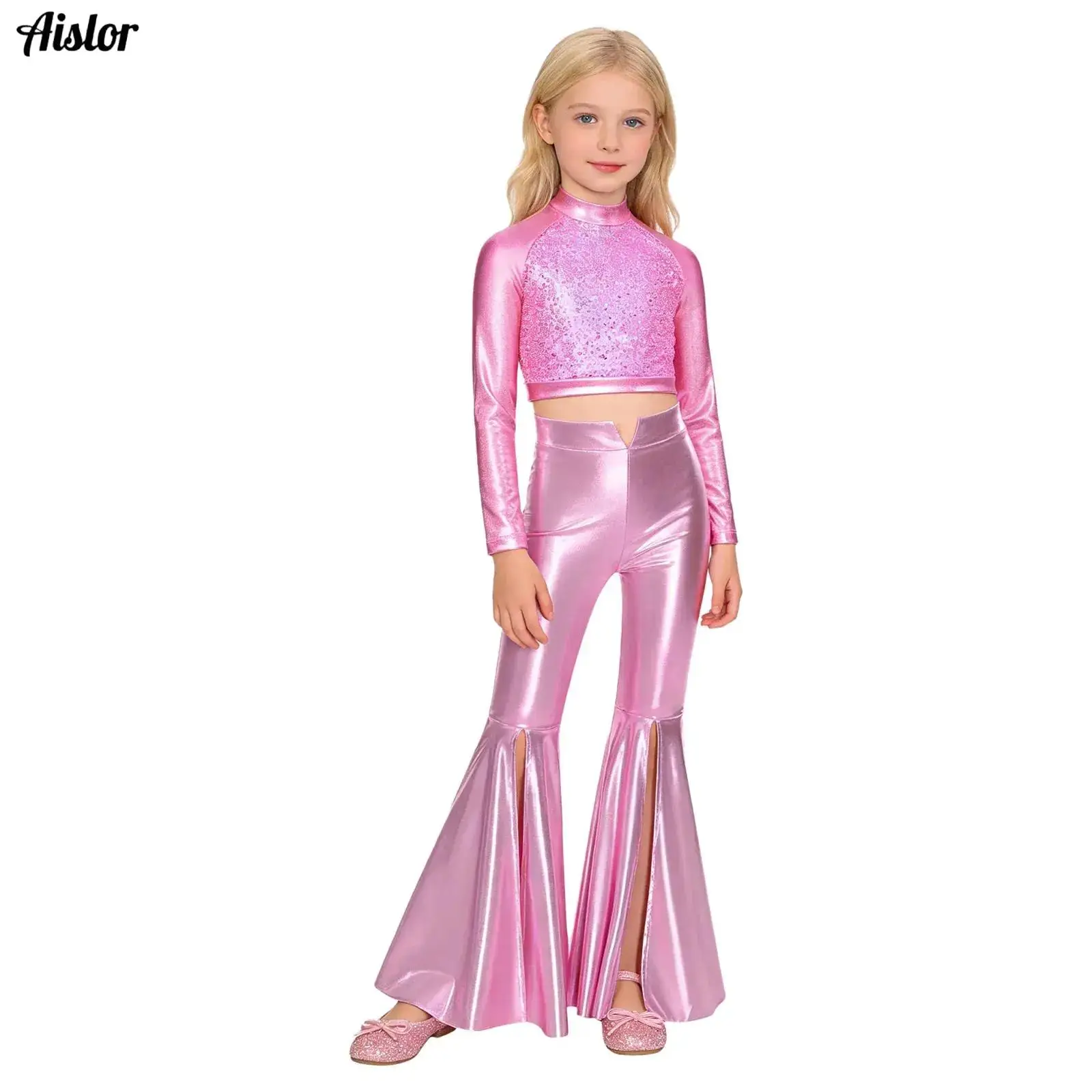 

Kids Girls Shiny Metallic Jazz Dance Performance Outfit Crop Top+Bell-Bottom Pants Athletic T-Shirts Hip-hop Disco Clothes Set