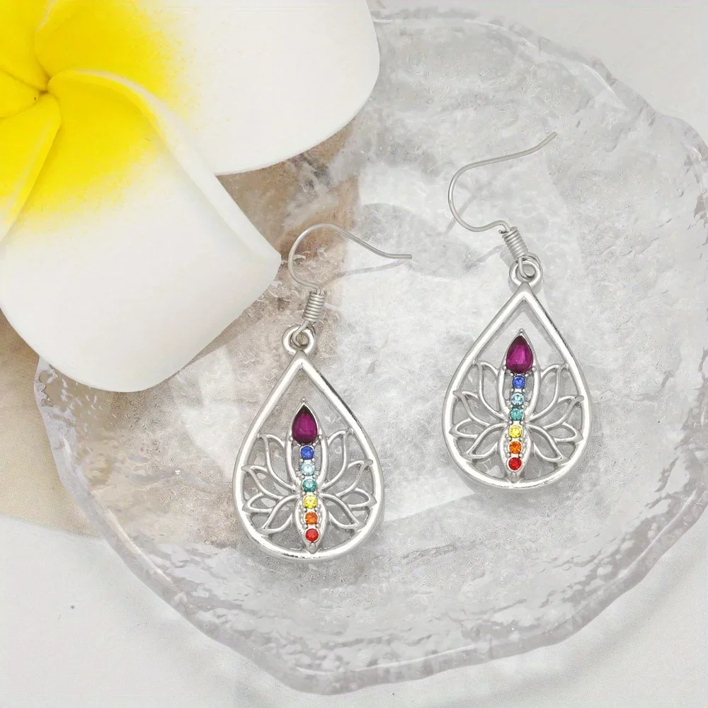 Chic Seven Chakra Lotus Water Drop Earrings in White K Plating - Fashionable & Spiritual Gift for Her Niche Style Hot List， Luxu