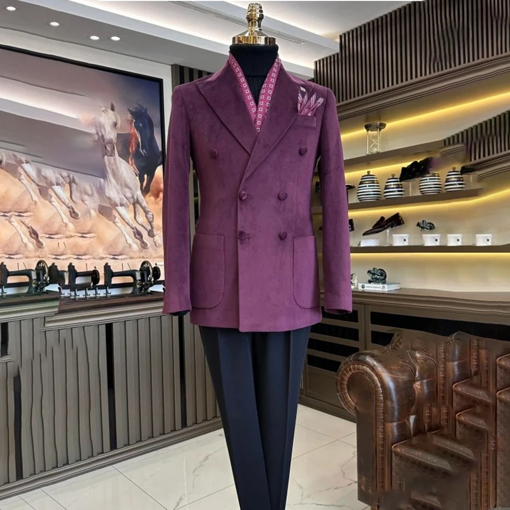 

Fashion Men's Suits Customized Purple Velvet Blazer With Navy Blue Pants 2 Piece High Quality Slim Fit Male Clothing Outfits