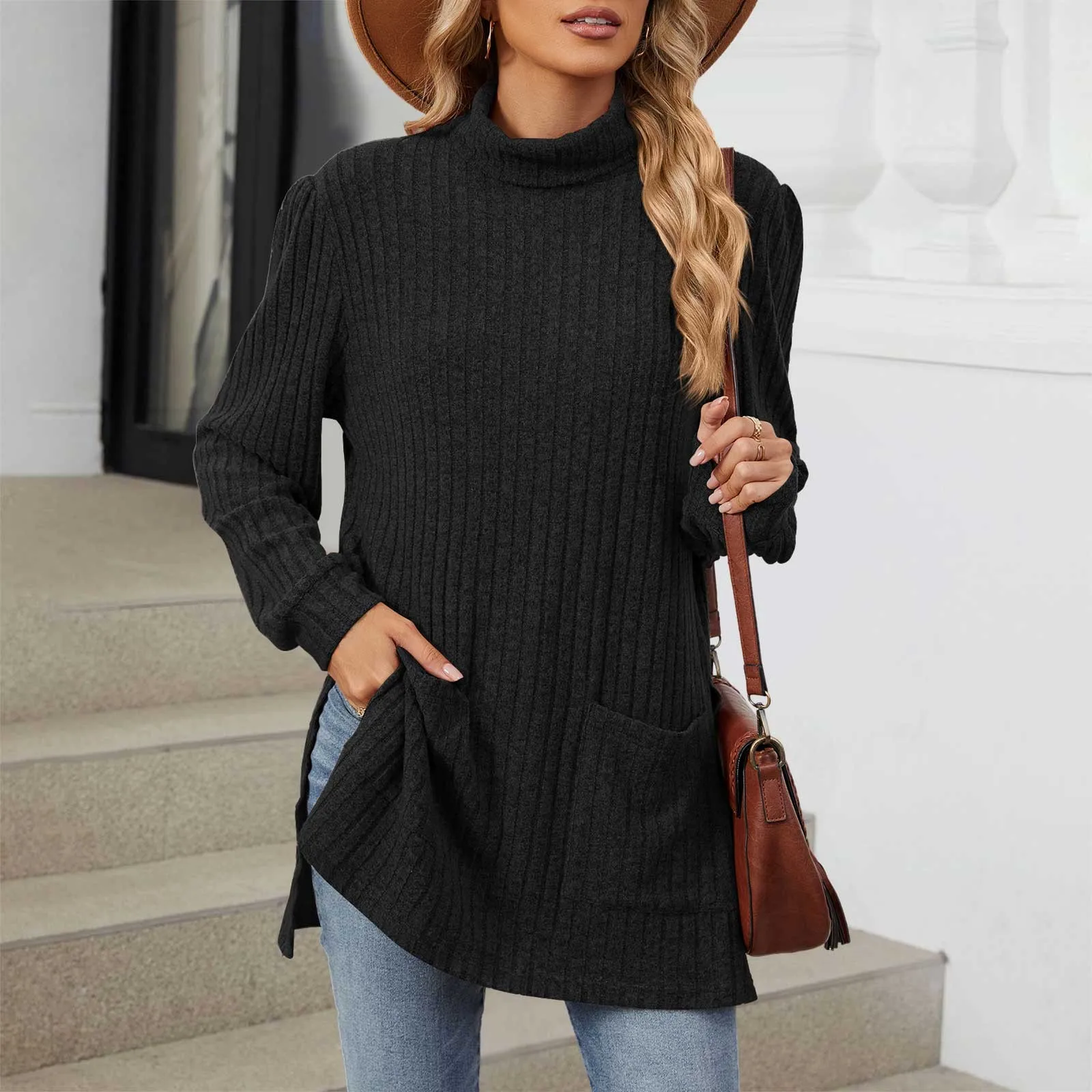 Women's New Half Turtleneck Long Sleeved Loose Split Pocket Trendy Sweaters Women's Sweaters for Work Light Sweater for Women