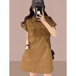 Fashion Lapel Button Spliced Pockets Casual Dress Female Clothing Summer New Loose All-match Solid Color Short Sleeve Dress