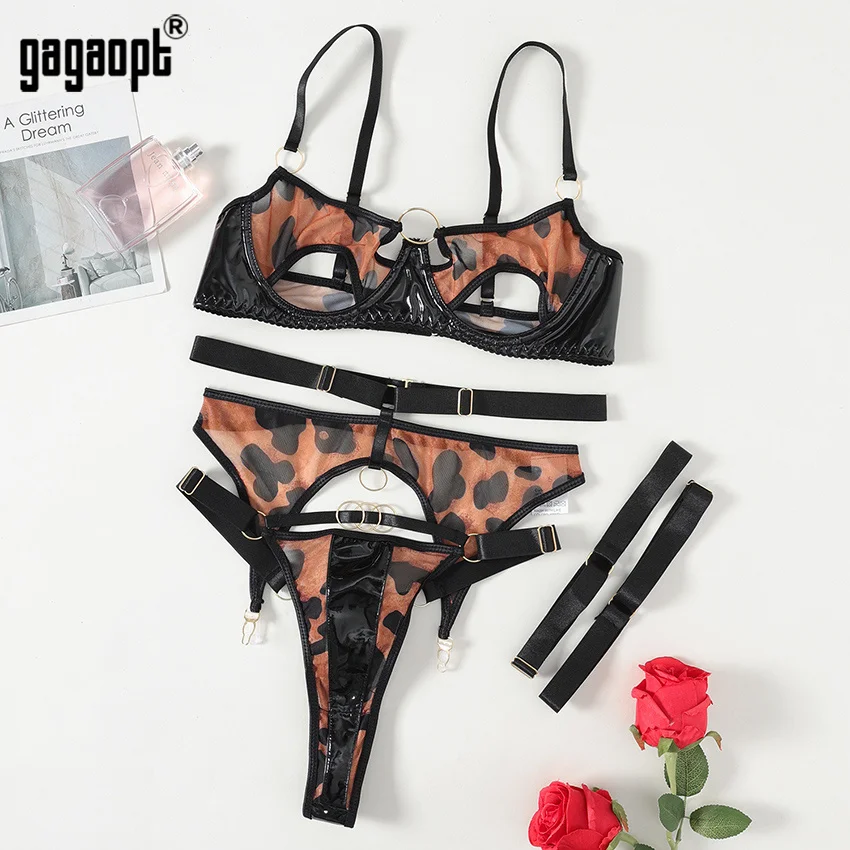 Gagaopt Leopard Erotic Lingerie Bra Push Up Intimate Fancy Garter Underwear 3-Piece Black Sexy Delicate Erotic Outfits