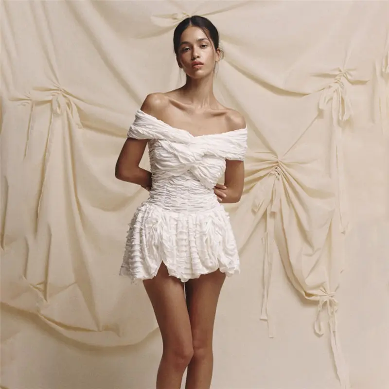 

Lady Elegant Fairycore Kink Cross Slash Neck Folds Dress Women Waisted Slim Strapless Summer Celebrity Exquisite Short Dress