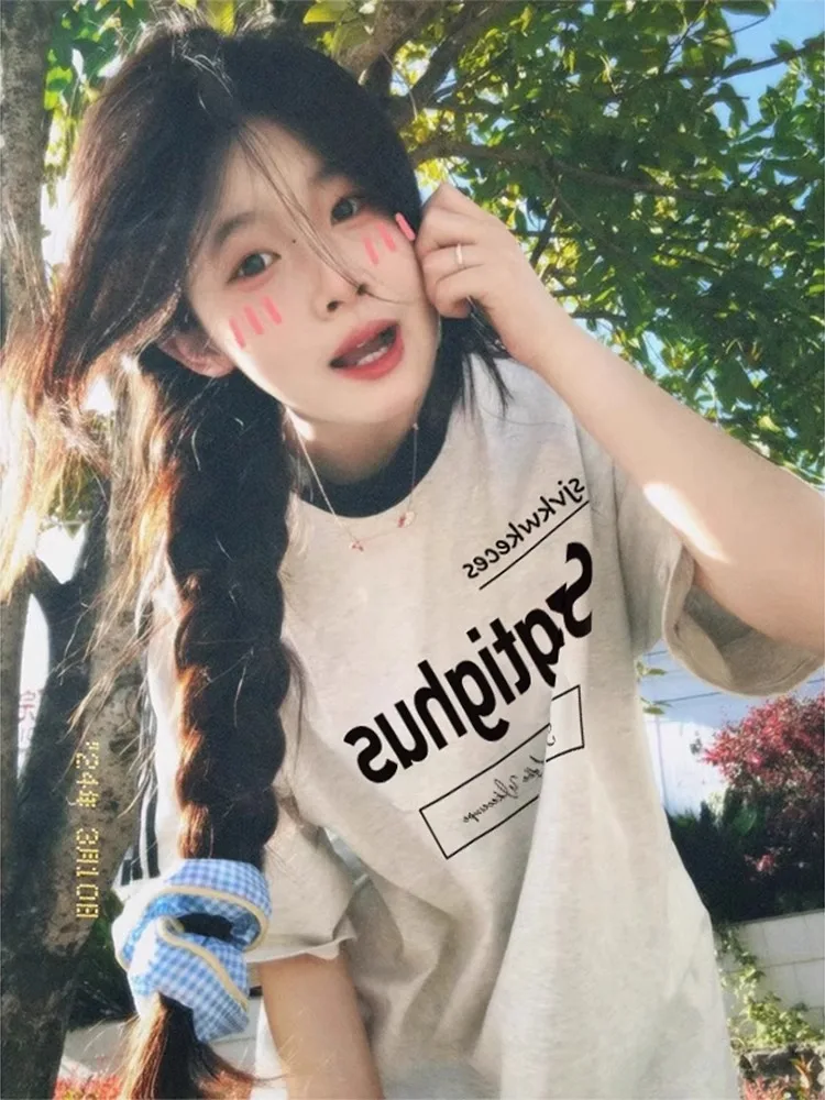 Cseta Fena de Aodão Puro Estilo Americano com Três tras Manga Curta Solta Estilo Preguiçoso Gola Redonda para o V...