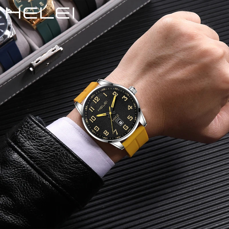 Orologio da uomo classico di marca HELEI orologio da polso al quarzo di moda display calendario in silicone orologio da uomo di alta qualità regalo per uomo