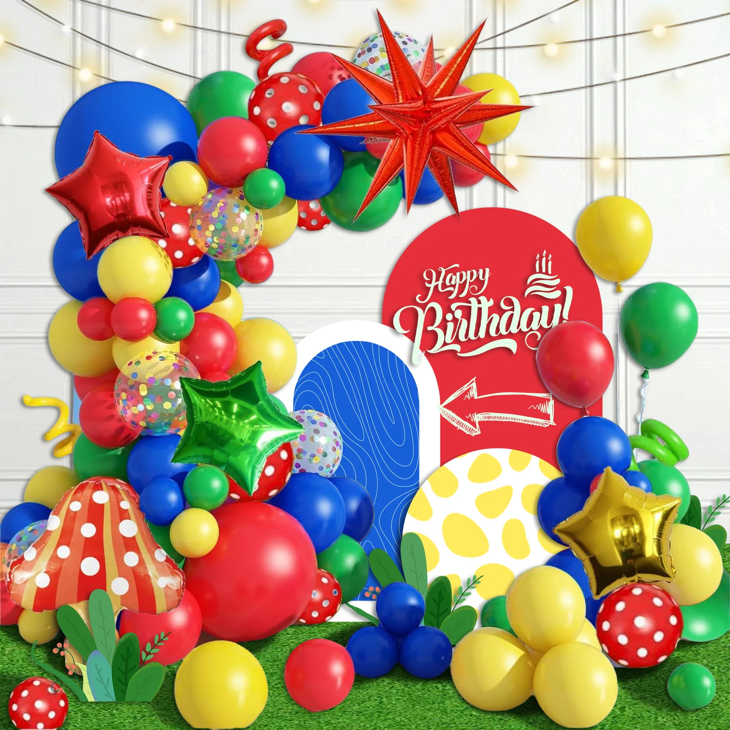 109Pcs Game Theme Balloon Chain Set with Cute Mushroom Shapes and 22inch Red Explosive Star Aluminum Foil Balloons for Birthday Party Decorations and Background Decorations for Friends Parties