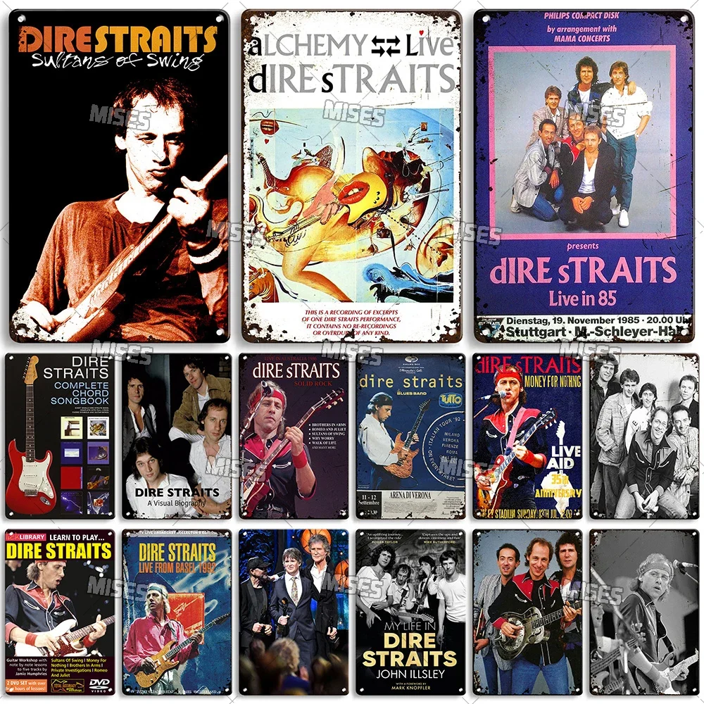 MISES Rockband Metallposter DIRE STRAITS Band Dekorative Platte Metallschild Rostiges Metallschild für Zuhause, Club, Küche Metall-Blechschild