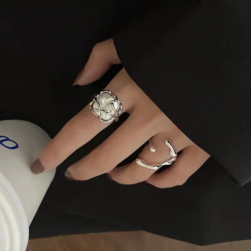 LATS Silver Color Creative Irregular Floral Pearl Rings Set for Women Geometric Metal Wave Opening Ring 2022 Fashion Jewerly