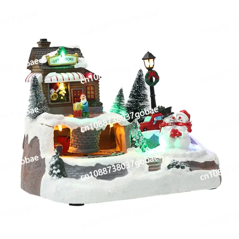 Christmas Decorations Glowing Music Small House Snowman Colorful Rotating Resin European Igloo Train Ornament