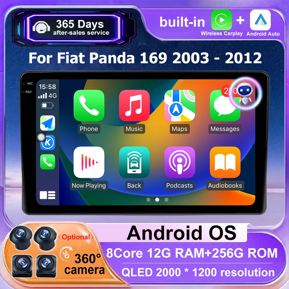 

Беспроводной CarPlay для Fiat Panda 169 2003-2012, Android 16, автомобильная мультимедийная система, GPS-навигация, головное устройство
