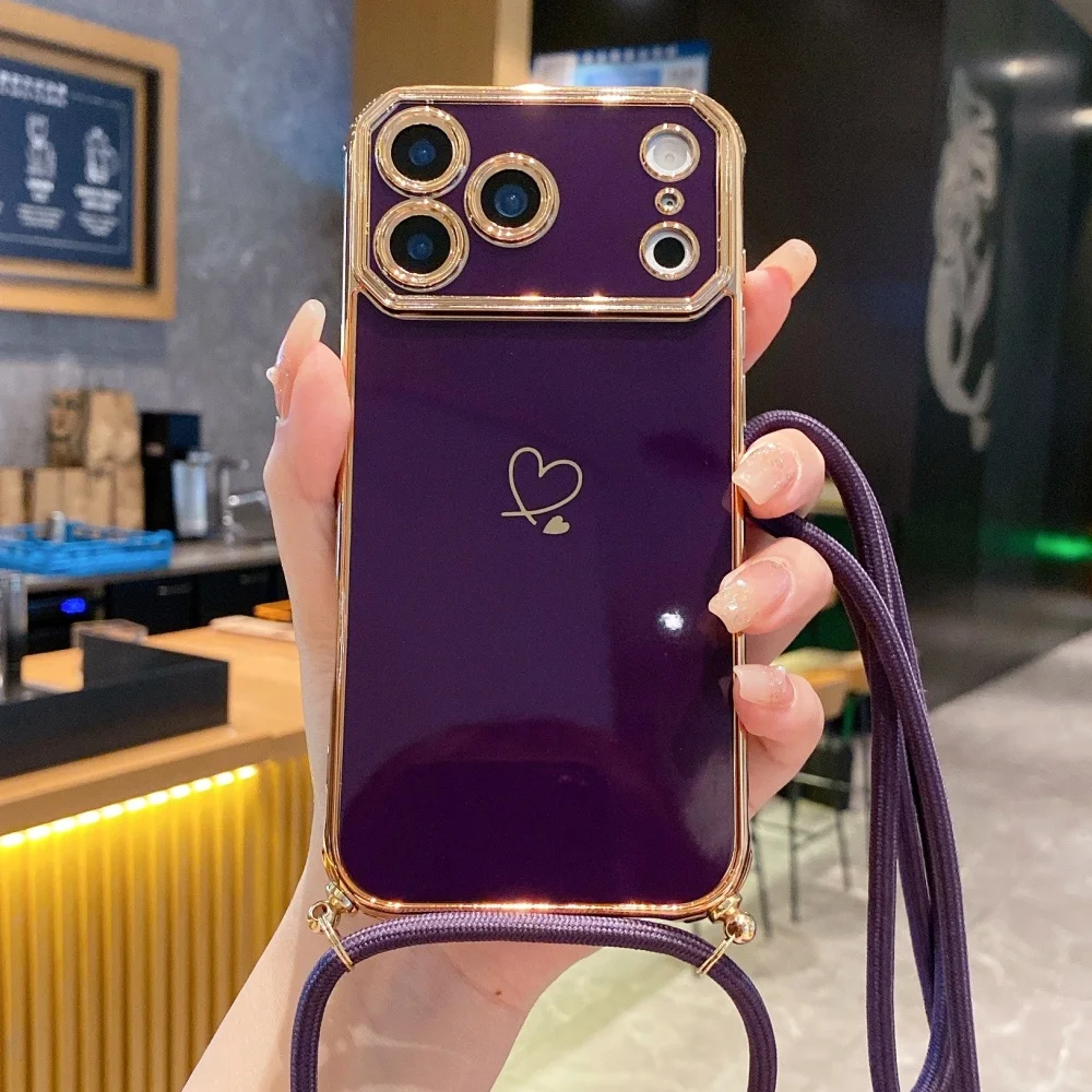 Crossbody-Halsband-Schultergurt-Hülle für iPhone 18 17 Pro Max 16 13 15 14 Plus, vergoldetes Herz, weiche Silikonhülle – Detail 9