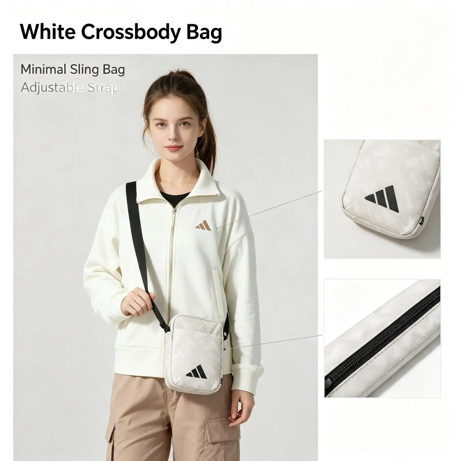 Adidas White Crossbody Bag Women Minimal Sling Bag Adjustable Strap Lightweight Casual Daily Shoulder Bag Jg5871