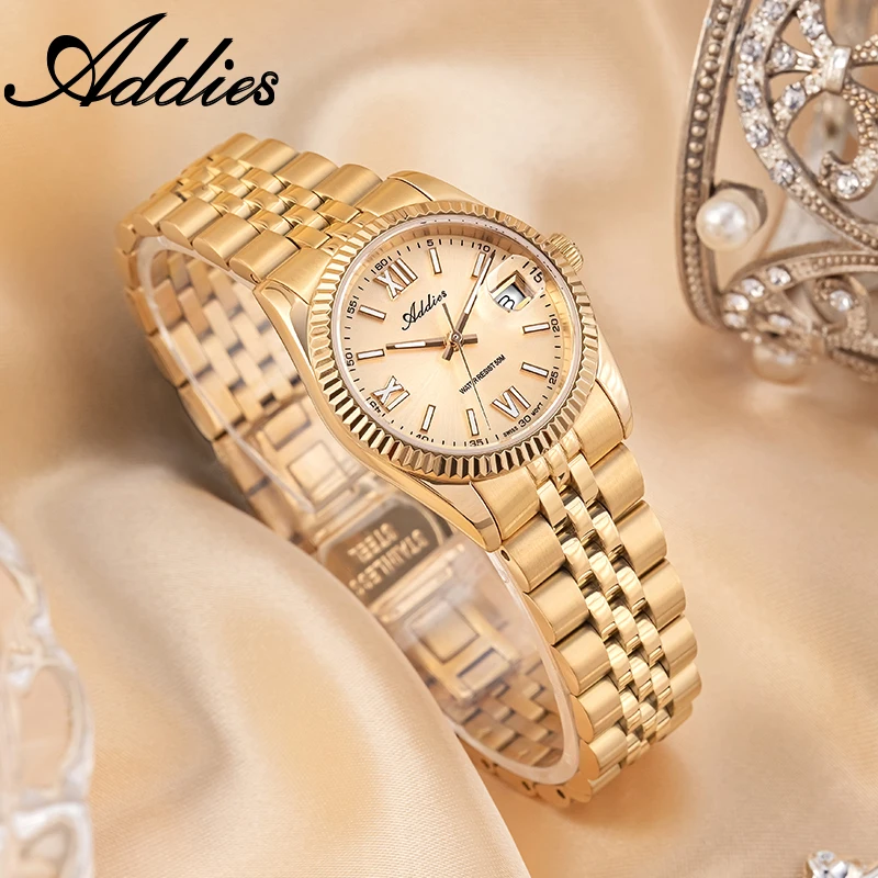 ADDIES 2026 Jam Tangan Mewah Pasangan Warna Pink Emas Kaca Safir Baja Tahan Karat BGW9 Luminous 5Bar Tahan Air Jam Tangan Kuarsa Hadiah