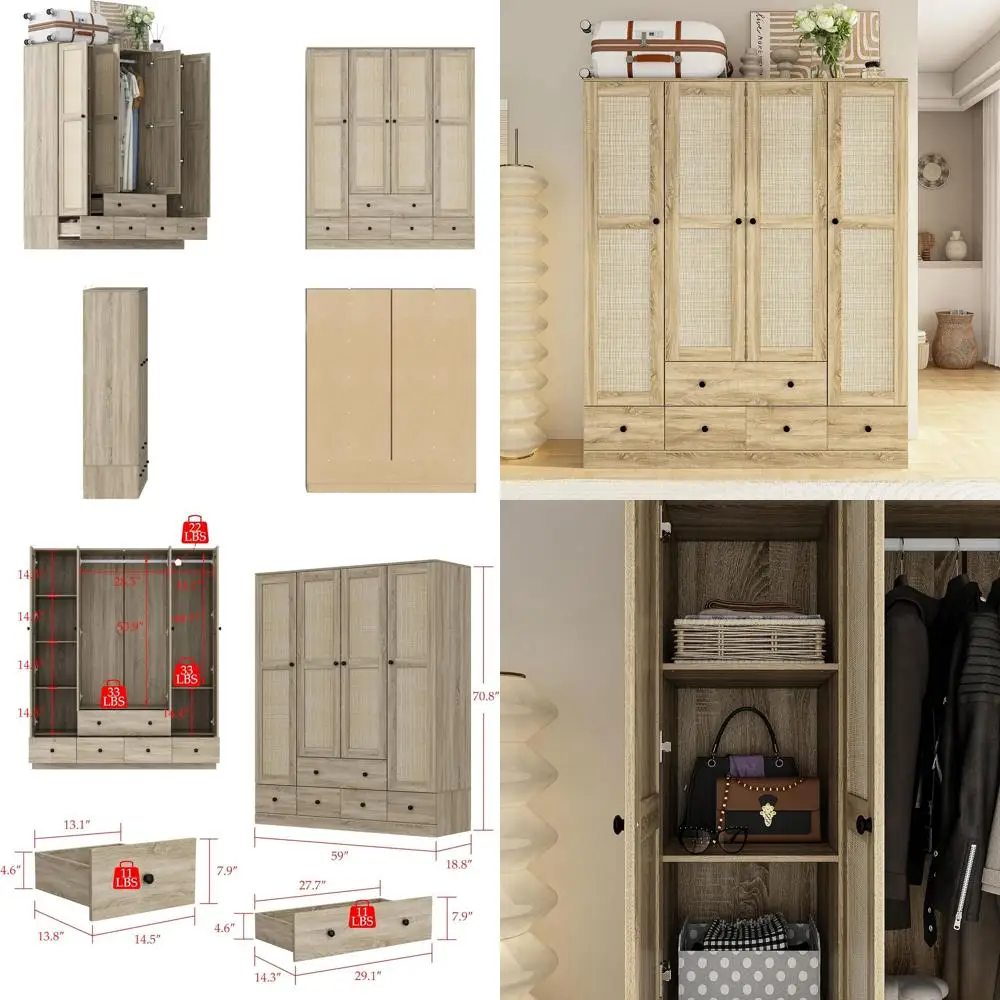 

5-Shelf Wooden Armoire with Hanging Rails, 59 Wide Closet Organizer in Brown, 70.8 High