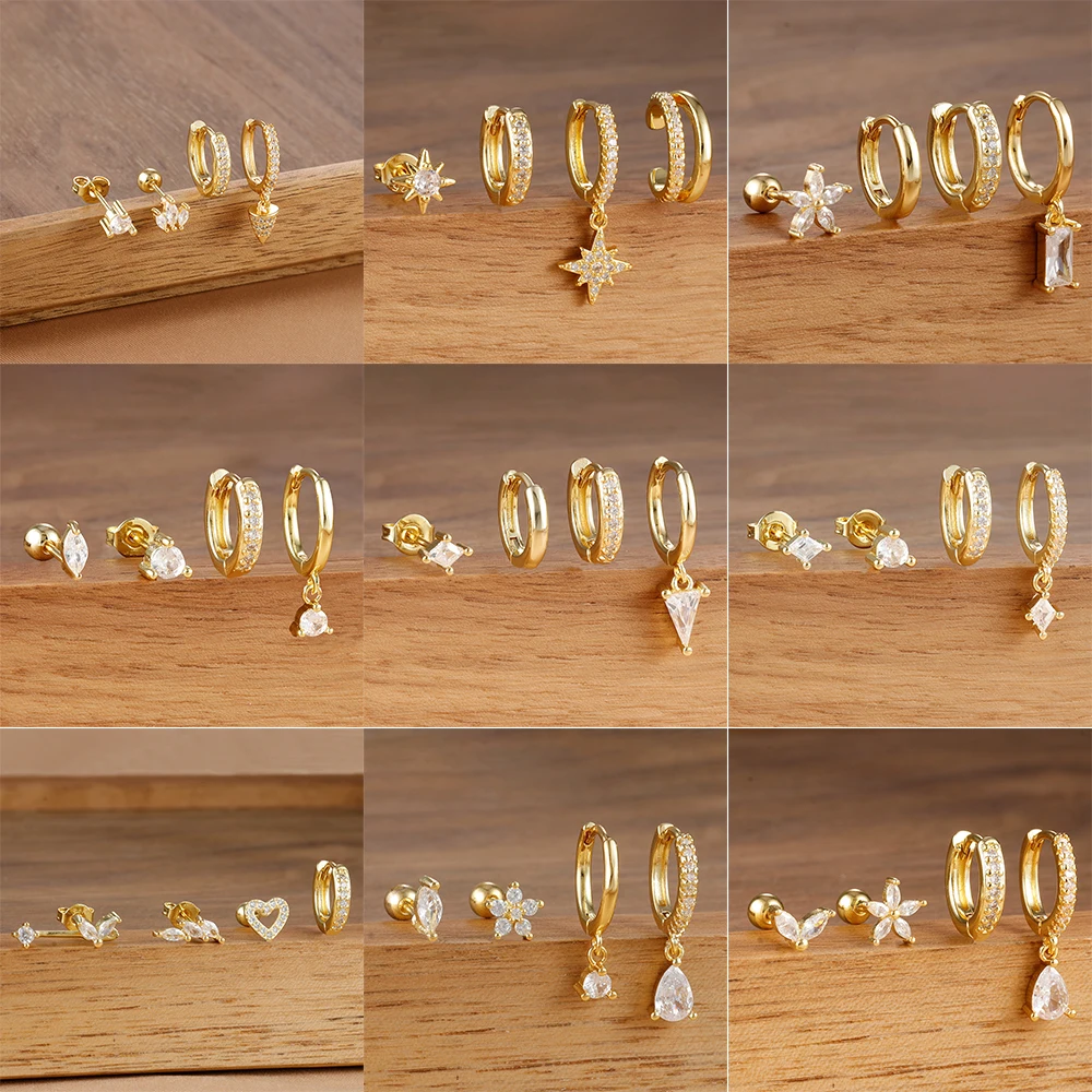 4PCS Punktion Edelstahl Creolen für Frauen Gold Silber Farbe Funkelnden Zirkon Quadrat Tropfen Ohrring Piercing Schmuck