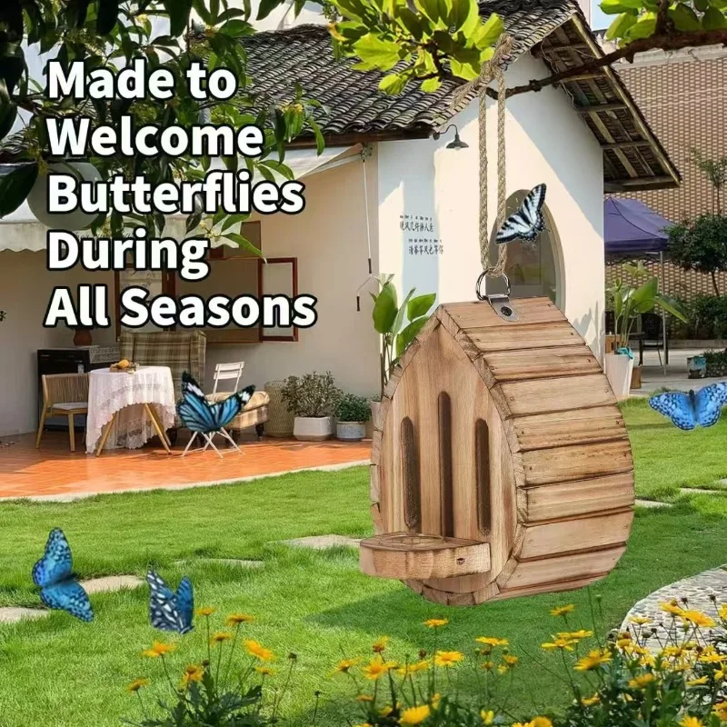 Hanging Wood Bee House Butterfly Feeder with Rope Decorative Bee Nesting Box Multifunctional Moth Habitat for Garden Balcony