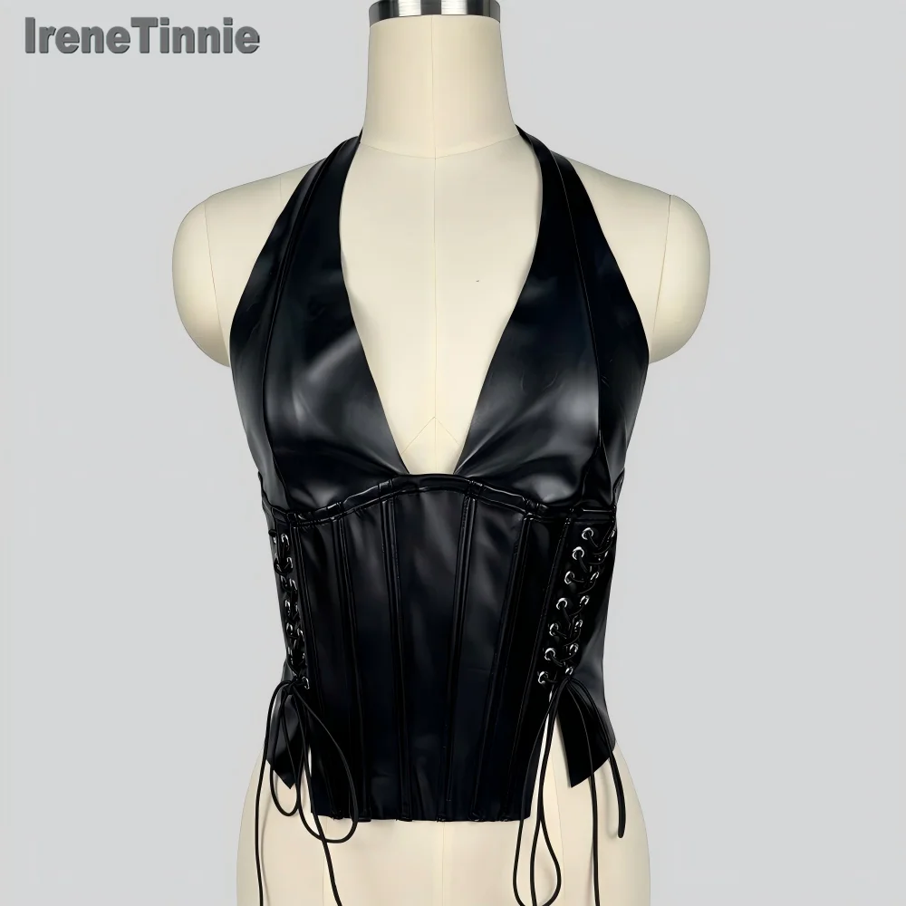 

IRENE TINNIE сексуальный кожаный корсет с лямкой на шее, укороченный топ для женщин, 2021, вечерние топы из искусственной кожи для ночного клуба, укороченные топы Y2k, Blusas