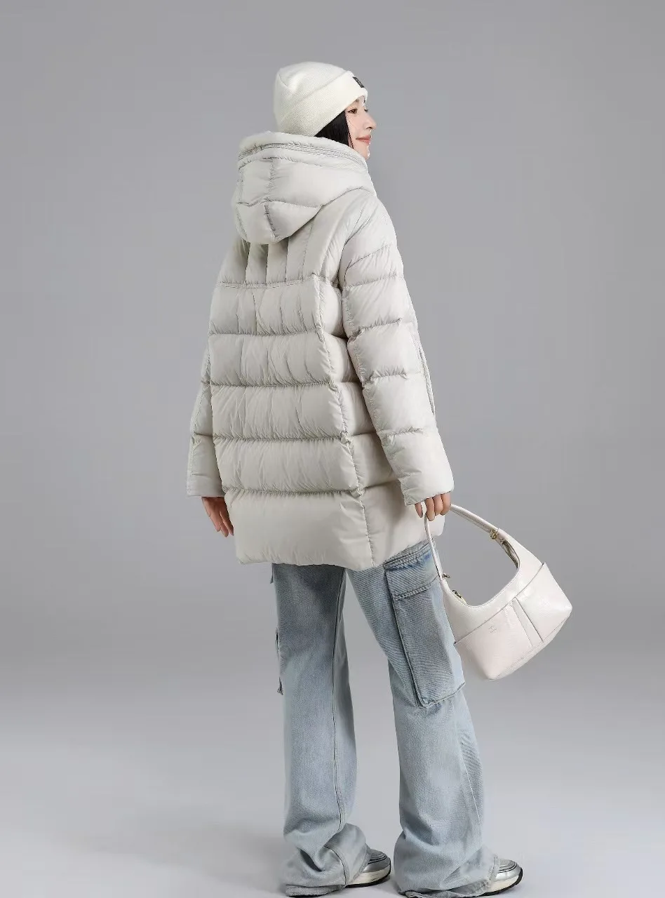 Chaqueta acolchada con capucha y cremallera para mujer, diseño elegante de invierno, chaqueta de plumón de pato blanco, Parka holgada gruesa de medio a largo
