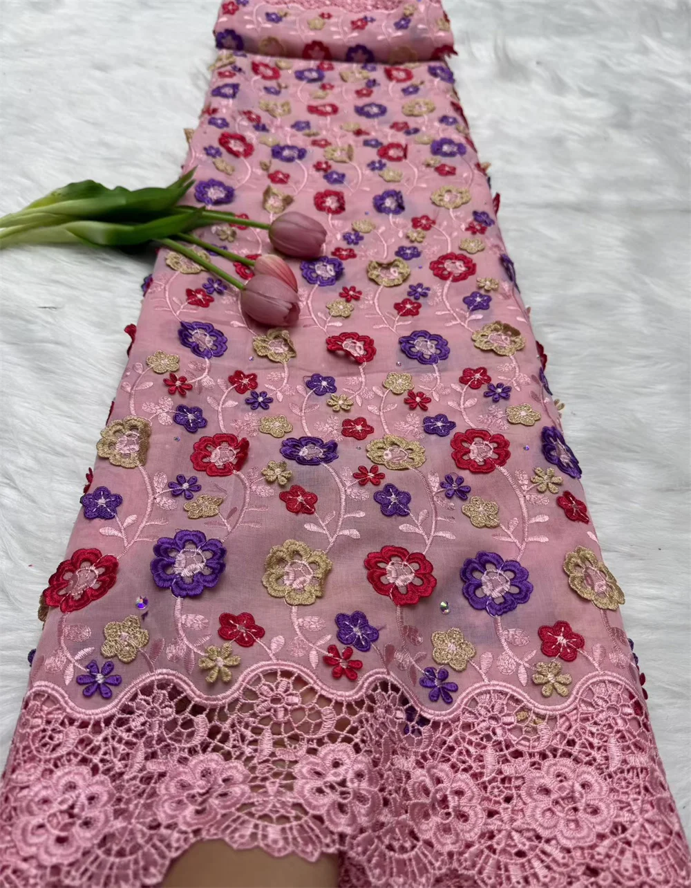 Embroidered Dubai 2025 3D Flower Chiffon Lace Fabric New Cotton Lace With Applique For Wedding Party Sewing Dress 5yards Hm182-1