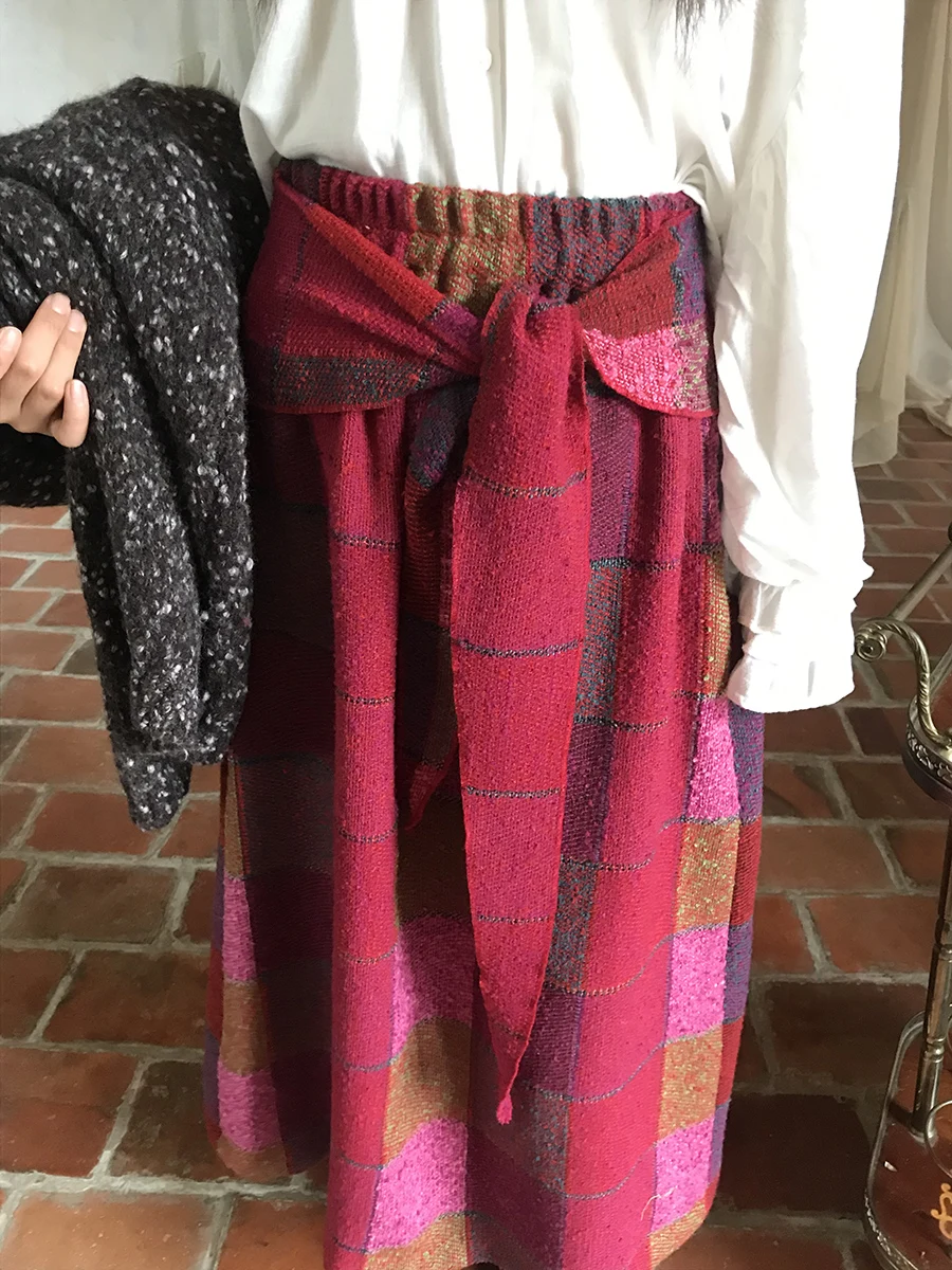 

Ретро-юбка из шерстяной ткани в яркую клетку, прямого кроя, с поясом, для женщин, с высокой талией, повседневная, осенне-зимняя