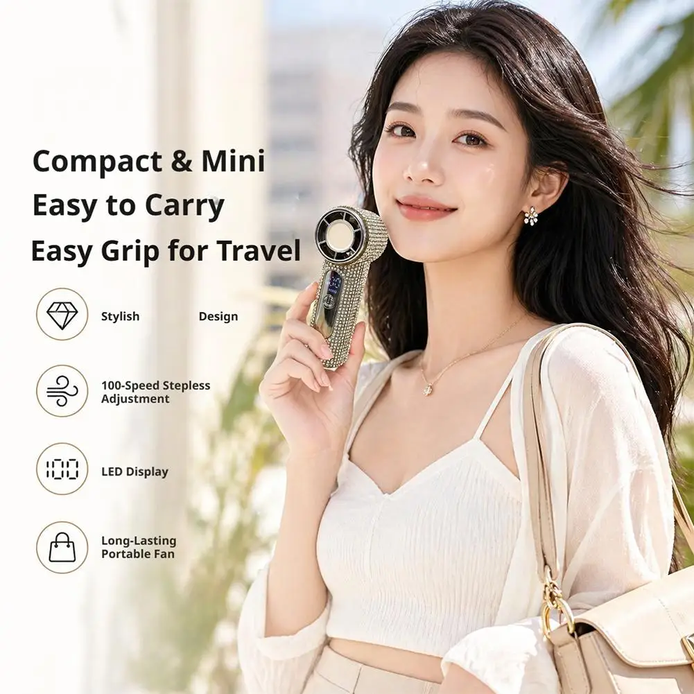 Portable Handheld Fan Speed Diamond Studded Mini Fan LED Digital Display Type C USB Rechargeable Strong Airflow for Outdoor view 5