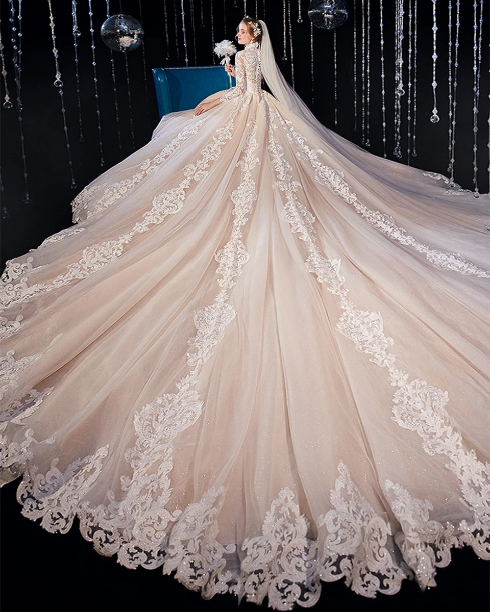 Luxe Baljurk Trouwjurken 2023 Elegante Kant Applicaties Lange Mouwen Prinses Pailletten Tule Bruidsjurken Robe De Mariee