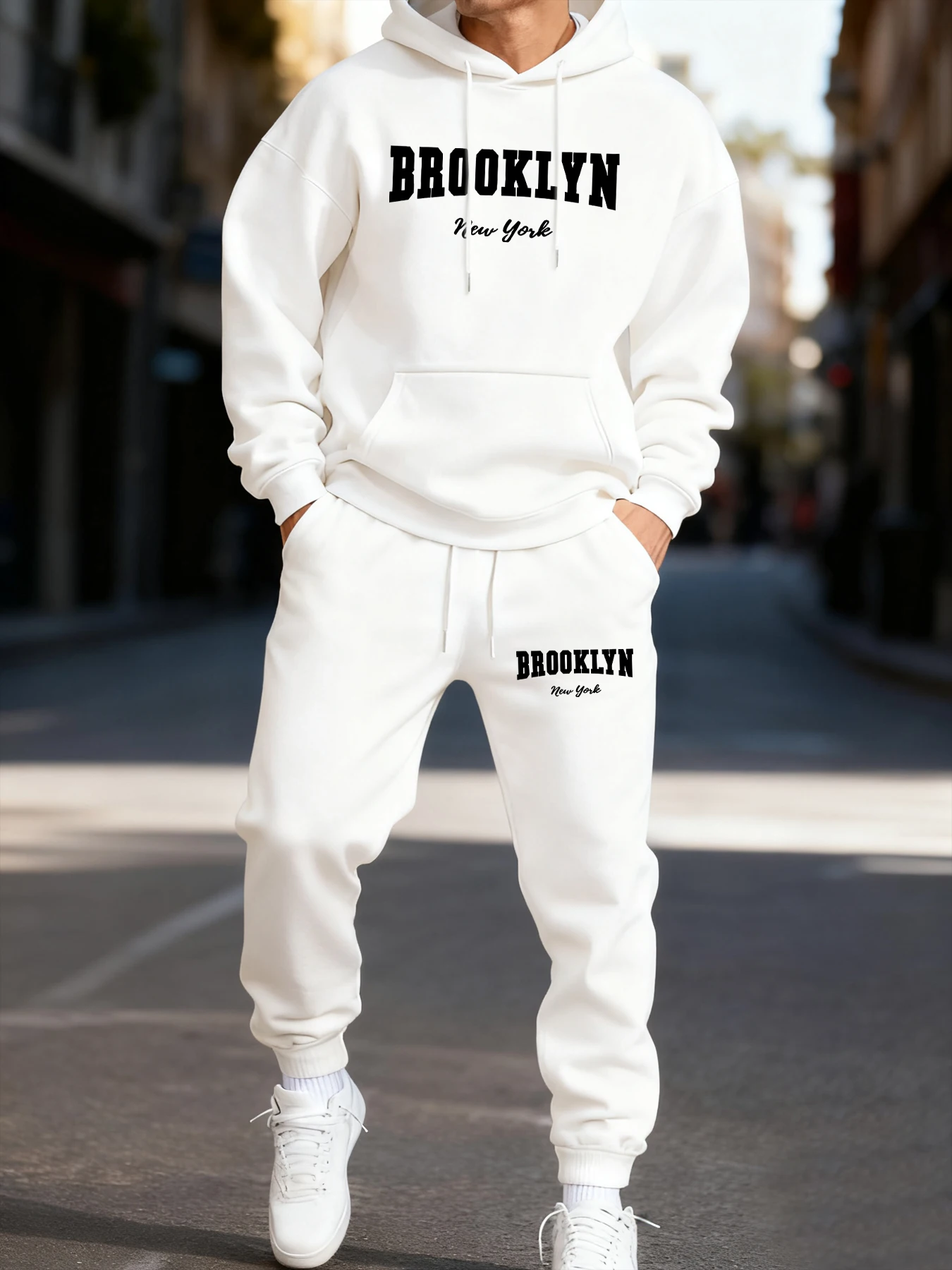 

Brooklun New York Letter Print Mens Hoodie Set Fleece Autumn Two Pices Sets Casual Winter Hoodies Sporty Long-Length Sweatpants