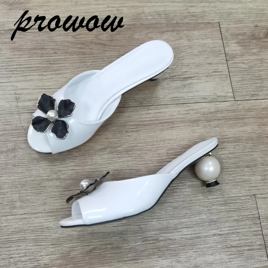 

Лето-осенние тапочки Prowow с цветочной эмалировкой, сандалии на каблуке с открытым носком и жемчугом, женская обувь