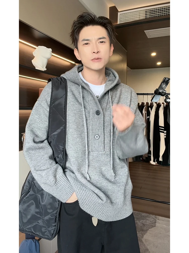 

Cleanfit Knitted ey Hoodie Men's Spring Autumn Outerwear American Retro Sle Casual Loose Fit Long Sve T-irt