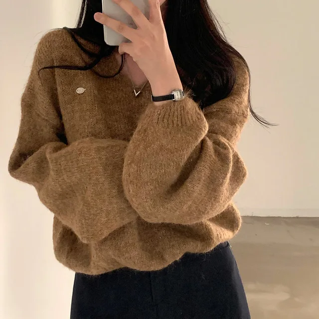 Suéter de Punto Peludo con Cuello en V, Estilo Hoado y Casual para Primavera/Otoño 2025, Versátil, Simple, de Manga Larga y...