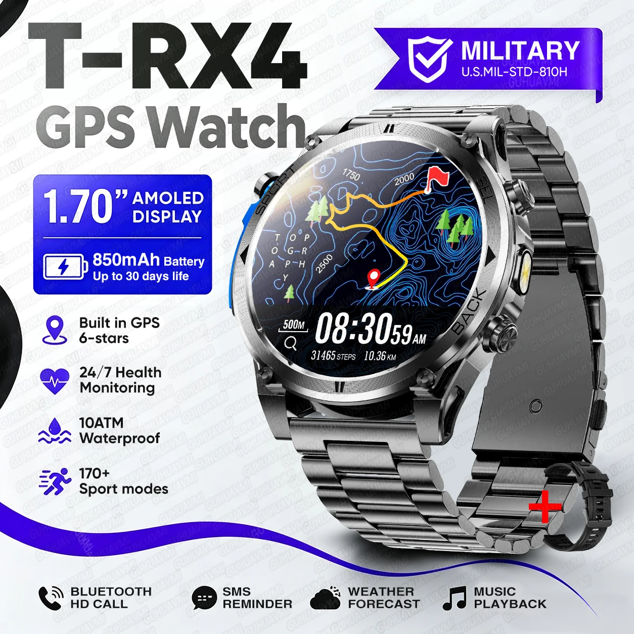 2026New Military T-RX4 Built in GPS Outdoor Smart Watch 10ATM Waterproof Compass 850mAh Battery 1.7”AMOLED Sports Fitness Clock image 3