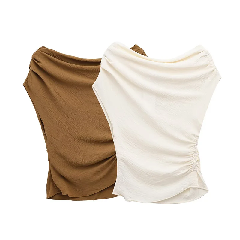 

RAFZNB Women Asymmetric Sloping Shoulder Tops Fashion Pleated Sleeveless Top Summer Female Chic Tops