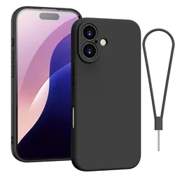 Phone Case for iPhone 11 12 13 14 Pro Max 15 16 Plus Silicone Black Protective Cover With Lanyard Cord iPhone X Xs Max XR 7 8 6