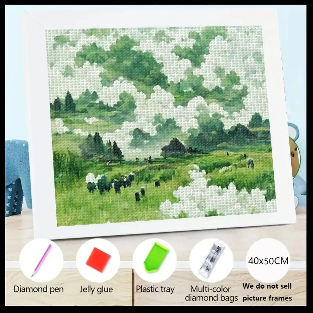 

Набор для алмазной вышивки 5D (40x50 см) «Пасторальный пейзаж» (с полным покрытием, 1 шт.) с изображением пышных зеленых полей, овец и лесных холмов – в комплекте